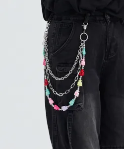 Layered metal pants chain with colorful money bag charms, hip-hop denim jeans chain accessory.