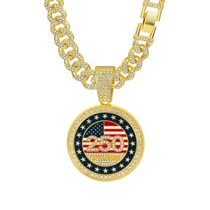 Collar de cadena cubana de diamantes de imitación dorados con colgante redondo de 250 aniversario