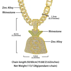 Hip hop Cuban chain necklace with money bag pendant, rhinestone gold jewelry for men.