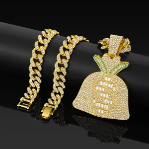 Hip-hop gold-tone Cuban chain necklace featuring a dazzling iced-out money bag pendant.