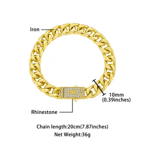 Gold Cuban link chain detail, 10mm width, 20cm length, rhinestone box clasp, metal jewelry.