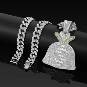 Men hip-hop iced out Cuban chain necklace with sparkling money bag pendant jewelry
