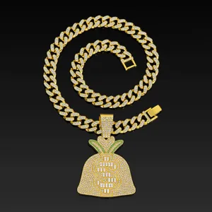 Men hip hop iced out cuban chain necklace with rhinestone money bag pendant jewelry.