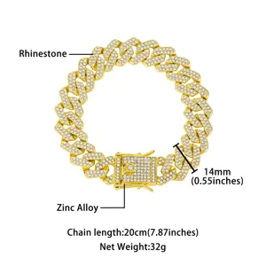 Bracciale catena cubana dorata con strass, larghezza 14mm e lunghezza 20cm in lega di zinco.