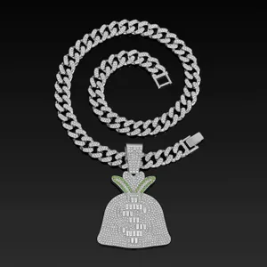 Detailed view of the hip hop iced out Cuban chain with money bag rhinestone pendant for men.