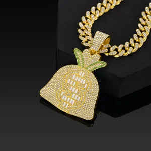 Hip hop cuban chain necklace with rhinestone money bag pendant detailed close-up shot.