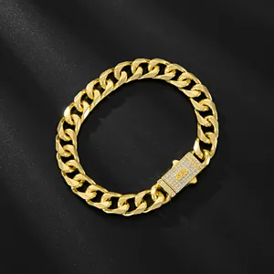 Luxurious gold iced out cuban link chain bracelet with glittering rhinestone paved box clasp hip hop jewelry