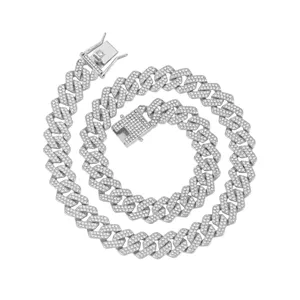 Collana con catena cubana 14mm ghiacciata per uomo e donna, chiusura quadrata in zirconi.