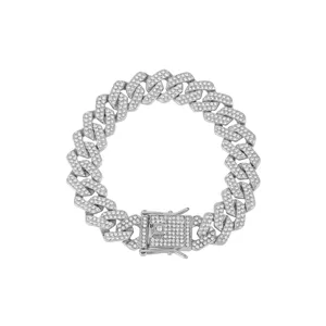 Bracciale cubano argentato da 14mm con strass luminosi stile hip hop unisex molto elegante