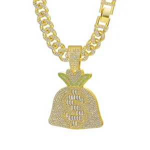 Gold hip hop Cuban link chain with bling rhinestone money bag pendant for men fashion jewelry