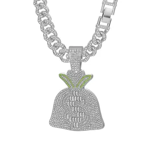 Hip hop Cuban link chain with money bag pendant, rhinestone iced out necklace for men.