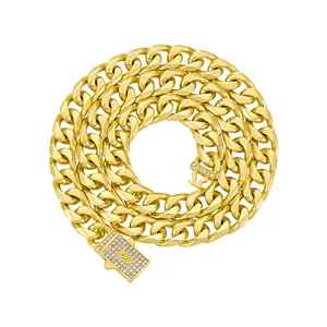 Gold Miami Cuban link chain necklace with rhinestone box clasp hip hop jewelry for men.