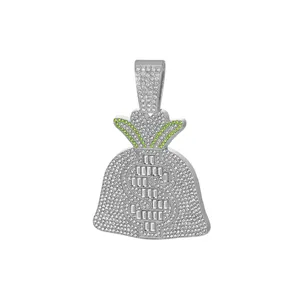 Hip hop silver tone rhinestone money bag pendant necklace for men, iced out dollar sign jewelry.