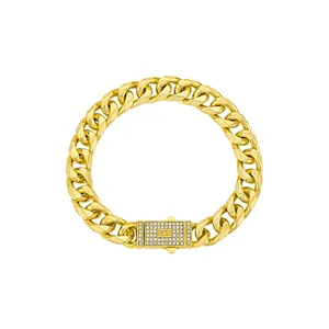 Gold Cuban Link Chain Necklace Hip Hop Style Shiny Rhinestone Paved Clasp Jewelry.