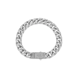 Close-up of alloy cuban chain necklace featuring paved rhinestone spring clasp and polished finish.