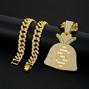 Hip Hop Bicolor Green Rhinestone Double Layer Money Bag Pendant Necklace Men Gold Silver Plated Zinc Alloy Cuban Chain Dollar Sign Jewelry