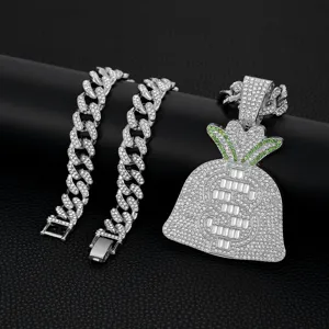 Mens hip hop iced out cuban link chain with green rhinestone money bag pendant jewelry