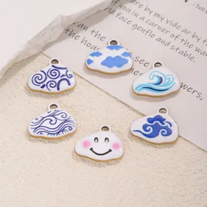 Stainless steel enamel cloud pendants with cute wave and smiley face designs for DIY jewelry.