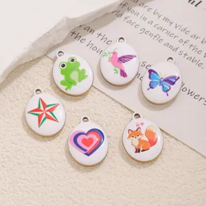 Stainless steel enamel oval pendant charms with cute cartoon patterns for DIY jewelry making.
