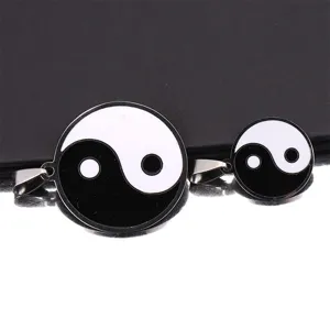 Stainless steel black and white tai chi yin yang pendant charm detail view for necklace and bracelet.