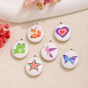 Stainless steel enamel oval charms detail view with cute cartoon animal pendants for DIY jewelry.