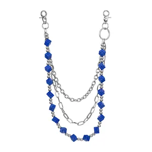 Multi-layer metal chain with blue cubic beads, stylish hip-hop pants chain and bag accessory.