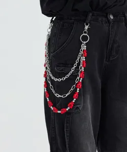 Punk hip hop multi-layer metal pants chain with red money bag charms for jeans waist accessory.