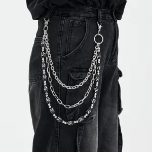 Hip-hop 3-layer skull pants chain, stylish metal waist chain for women jeans fashion.