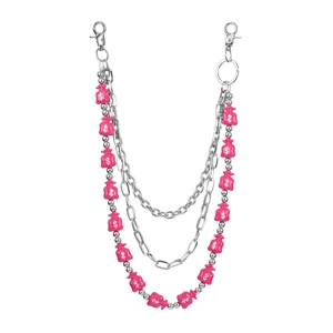 European style three-layer metal pants chain with pink money bag charms for women hip-hop.