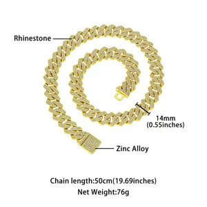 Gold iced out cuban link chain for men hip hop rhinestone necklace 14mm 50cm jewelry gift