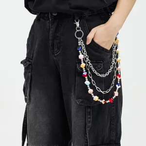 Multi-layer metal pants chain with colorful cubic charms, hip-hop style jeans wallet chain.