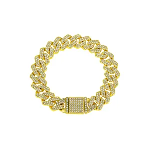 Closeup of 14mm iced out cuban link chain, light gold diamond necklace, hip hop jewelry detail.