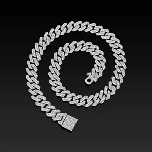 Detailed view of a sparkling 14mm iced out cuban chain necklace with a classic box clasp design.