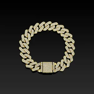 14mm Iced Out Cuban Link Chain Light Gold Hip Hop Necklace Close Up Detail View