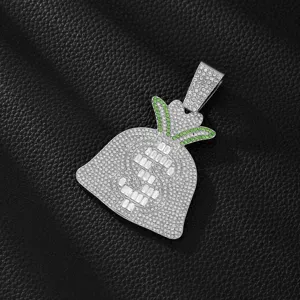 Hip-hop iced out money bag pendant necklace for men with sparkling green and white rhinestones main view