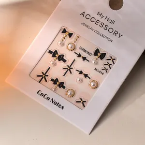 New bow nail art rhinestone pearls metal hot stamping accessories for elegant manicure decoration.