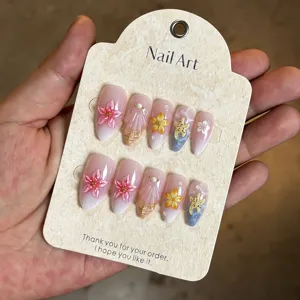 Handgemachte künstliche nägel mandel 3d blume seestern acryl fake nägel set 30 stück
