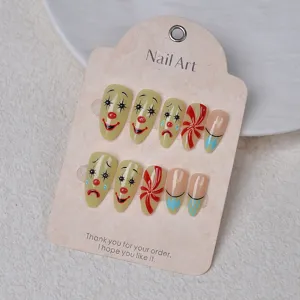 Almond press on nails set with cute clown and candy 3D gel designs for daily fashion wear.