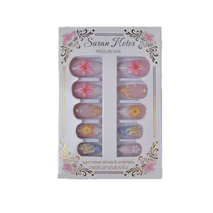 Künstliche nägel mandel mittellang 3d blumen seestern rosa fake nägel set für damen