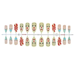 Almond press-on nails with 3D clown mask and candy stripe designs, detachable fake nail art.