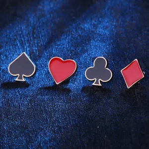 Poker suit metal brooch set featuring spade heart club diamond shapes, stylish lapel pin.