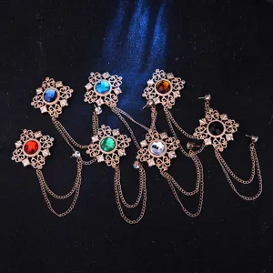 Vintage Retro hohle Metall Brosche Pins mit bunten Kristall Strass und Ketten Quasten Mantel.
