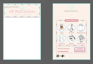 Detailed packaging design template for 5D nail stickers, featuring application scenarios and branding.