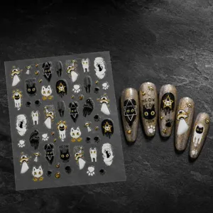 Dark style black cat nail stickers featuring 3D embossed gold foil design for easy DIY nail art.