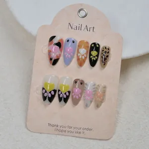 Faux ongles chat mignon, kit d'ongles amande press on avec design gel 3D pour femmes.