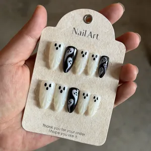 Halloween 3D Ghost Almond Press-on Nails Black White Fake Nails Set For Women Decor