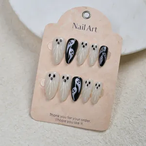 Halloween ghost press on nails almond false nail art tips 10pcs cute black white design
