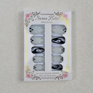 Halloween black and white ghost press on nails 24pcs almond fake nail art set with box.