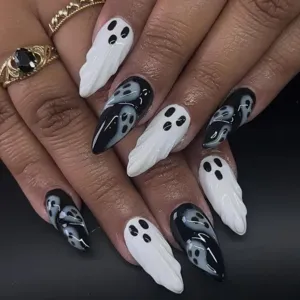 Halloween 3D ghost press-on nails almond shape black white fake nail art decoration kit