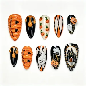 Halloween press on nails long stiletto 3d carved pumpkin ghost acrylic false nail art set